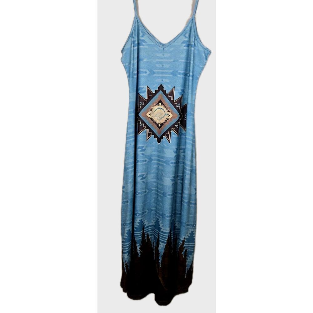 Tribal Aztec Tank Maxi Dress Turquoise Western Cowgirl MED Silky Soft Flowy